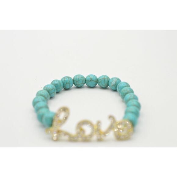 Stretchy Bracelet Faux Turquoise Beaded Rhinestone LOVE Cursive Valentine BinO - Picture 7 of 11